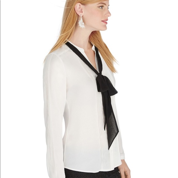 NWOT Iconic Artist Long Sleeve Blouse - white silk blouse with black bow - Picture 2 of 4